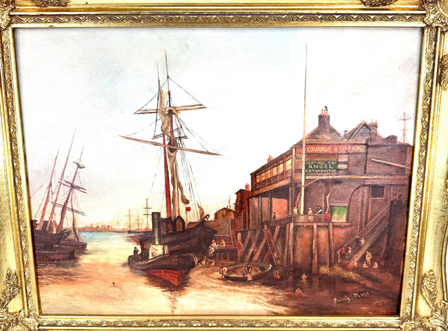 Emily Muse original oil on canvas artwork featuring atmospheric skies, golden river reflections, and richly detailed historic London buildings.