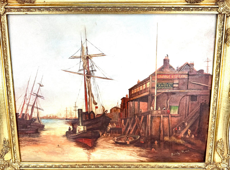 Emily Muse original oil on canvas artwork featuring atmospheric skies, golden river reflections, and richly detailed historic London buildings.