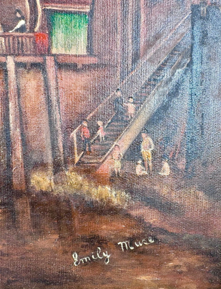 The Famous Angel, Rotherhithe oil on canvas painting displaying a dark-hulled sailing vessel, intricate rigging, and bustling Thames waterfront.