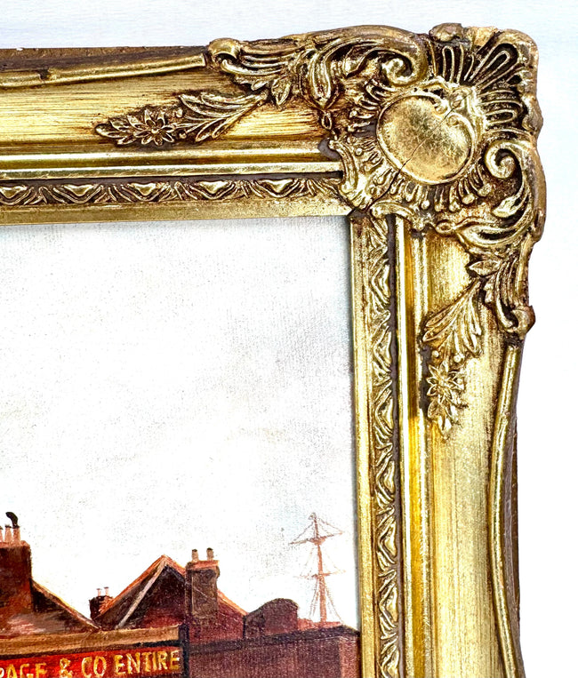 Historic London river scene painted by Emily Muse in 1990, featuring wooden wharves, sailing boats, waterfront buildings, and golden reflections.
