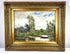Vintage Impressionist-influenced oil on canvas landscape featuring a tranquil river, towering trees, and a figure in a small rowing boat.
