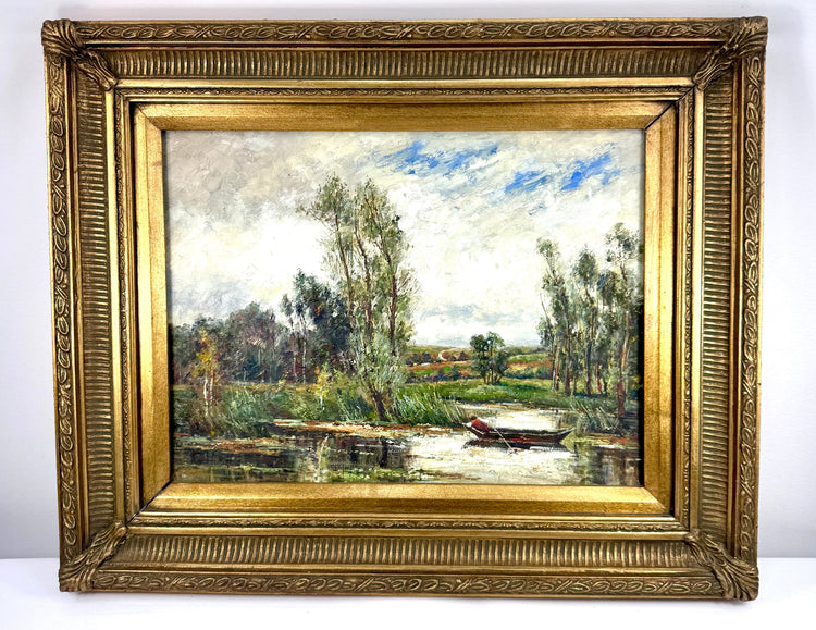 Vintage Impressionist-influenced oil on canvas landscape featuring a tranquil river, towering trees, and a figure in a small rowing boat.
