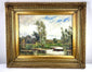 Vintage Impressionist-influenced oil on canvas landscape featuring a tranquil river, towering trees, and a figure in a small rowing boat.