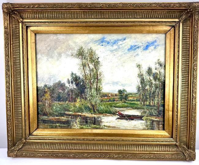 Impressionist-influenced European landscape artwork showcasing layered brushstrokes, atmospheric lighting, and shimmering reflections across a quiet river.