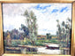 Antique-style river landscape painting featuring expressive brushwork, natural greenery, and a solitary boatman navigating calm waters.
