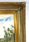 Vintage oil on canvas painting featuring tall riverside trees, rolling green fields, soft white clouds, and an expansive blue sky.