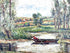 European countryside oil painting displaying lush green riverbanks, reflective water, distant woodland, and a bright blue sky with white clouds.