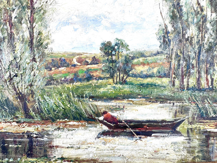 European countryside oil painting displaying lush green riverbanks, reflective water, distant woodland, and a bright blue sky with white clouds.