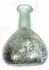 Ancient Roman glass vessel displaying concentrated mineral encrustations, dark earthy deposits, and iridescent weathering across its spherical body.