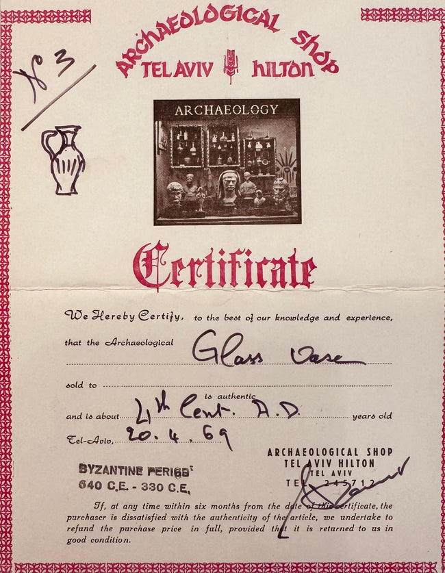 Historical archaeological certificate of authenticity issued by the Archaeological Shop at the Tel Aviv Hilton, dated April 20, 1969, identifying an ancient glass vase attributed to the 4th century AD.