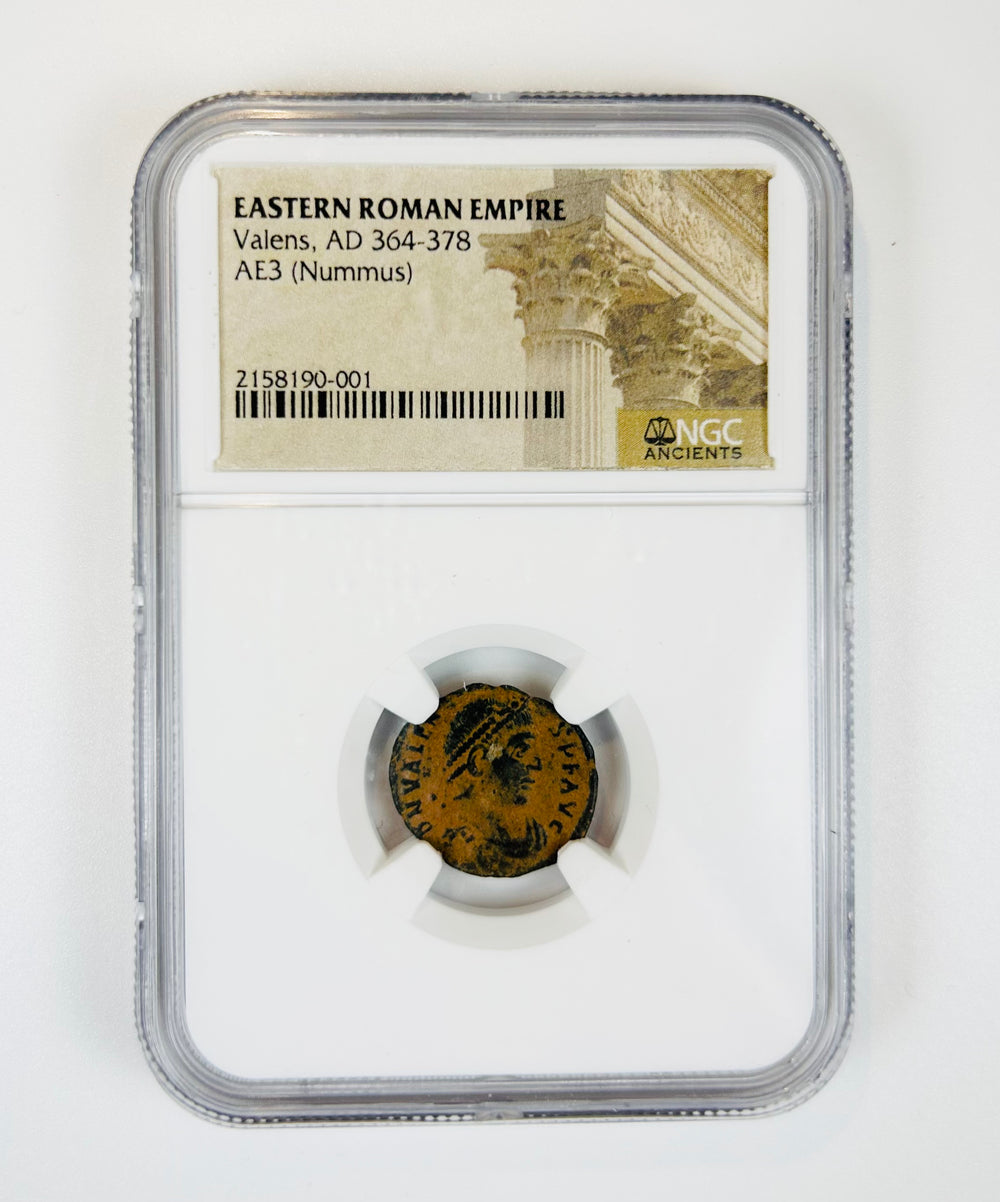 Late Roman Empire bronze coin depicting Emperor Valens wearing a diadem, AE3 denomination preserved in NGC certified holder.