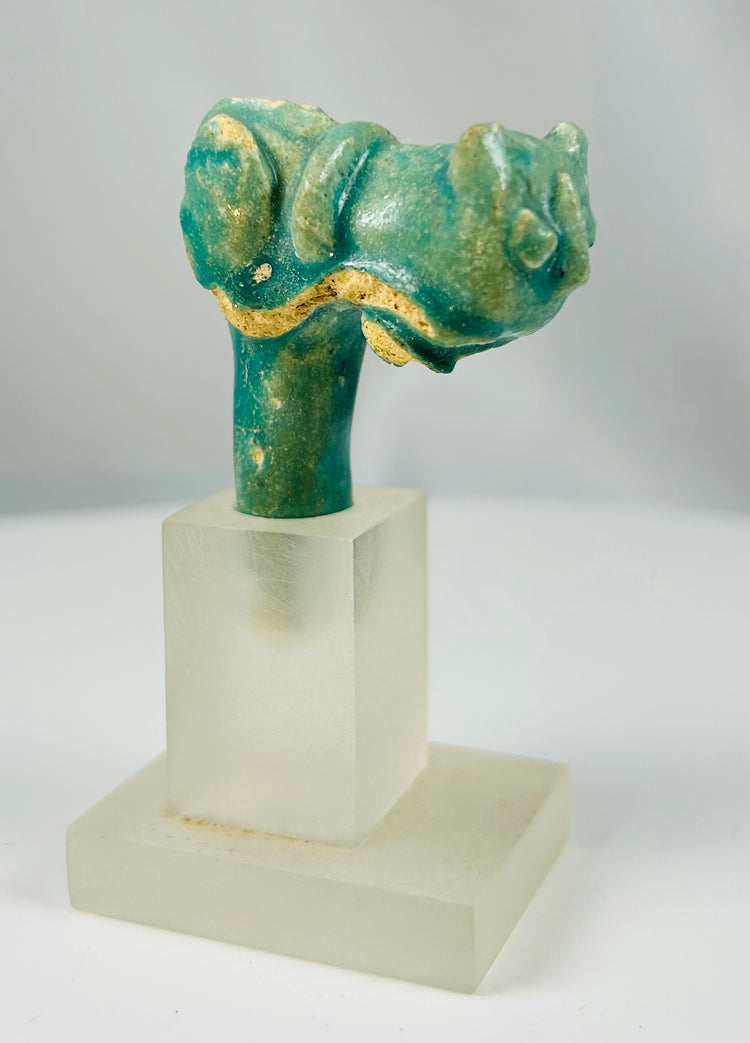 Egyptian Late Period faience vessel handle fragment with sculpted cat deity.