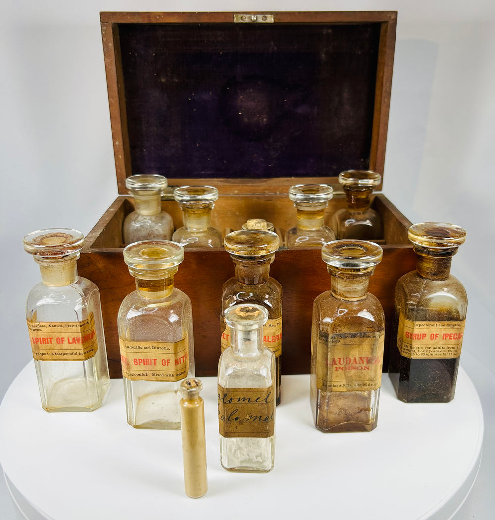 historic American apothecary case with medical ingredients and prescriptions