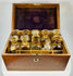 vintage mahogany pharmaceutical case with labeled medicine containers