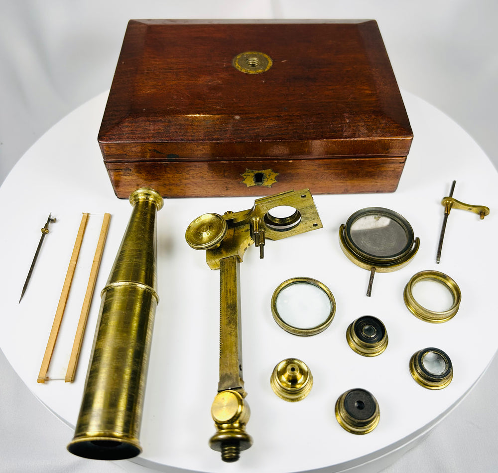 historic Victorian microscope with polished brass components