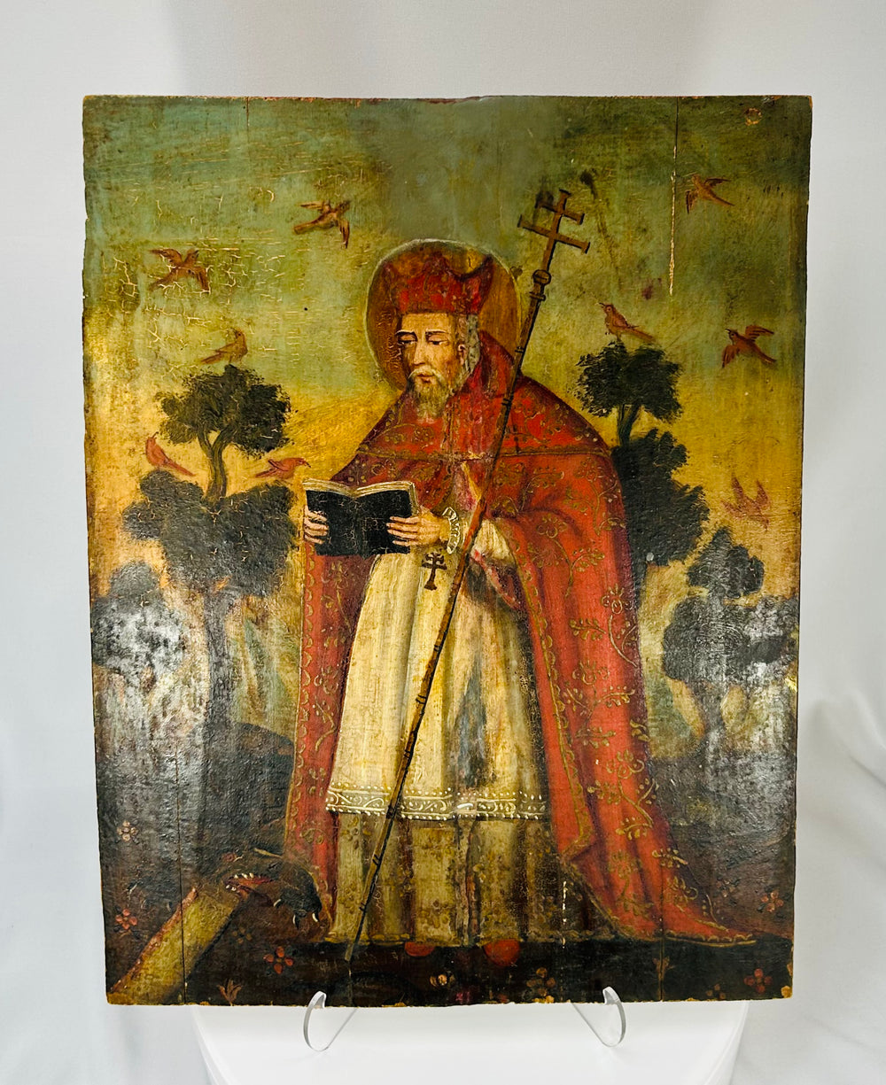 antique Spanish Colonial religious painting on wood panel from Mexico