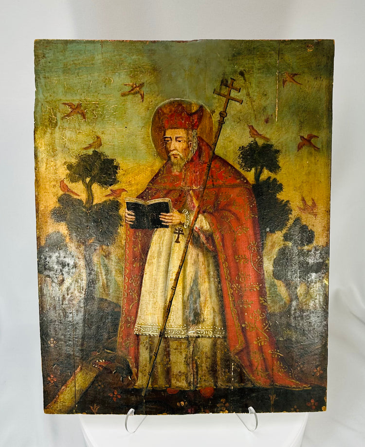 antique Spanish Colonial religious painting on wood panel from Mexico