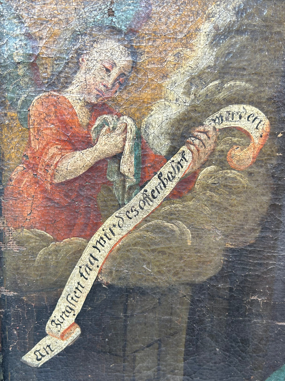 Baroque style painting of Christ’s suffering with angel holding scroll