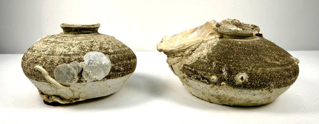 Pair of 15th–16th-century Ming Dynasty stoneware jars recovered from Philippine waters, showcasing traditional Chinese ceramic craftsmanship and maritime trade history.