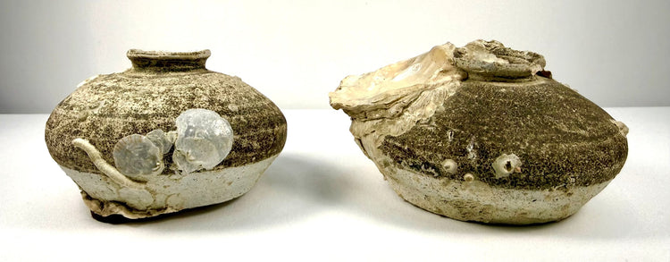 Pair of 15th–16th-century Ming Dynasty stoneware jars recovered from Philippine waters, showcasing traditional Chinese ceramic craftsmanship and maritime trade history.