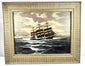 Signed Alfred Gabali marine painting depicting ships passing at sea beneath an atmospheric sky, reflecting the artist’s Cape Cod maritime influences.
