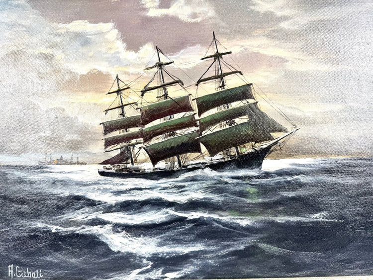 Original Alfred Gabali maritime painting from circa 1958, titled Ships That Pass in the Night, reflecting the German-American artist’s lifelong connection to the sea.
