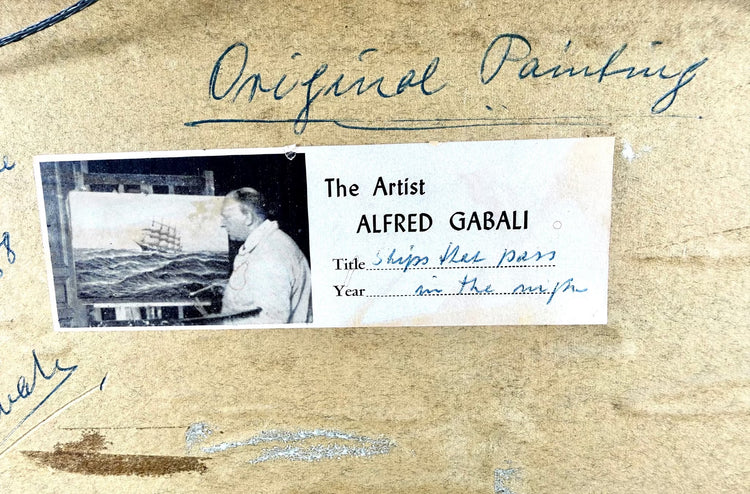 Handwritten dedication on the reverse of Alfred Gabali’s circa 1958 maritime painting, inscribed to Carol Anne Kahne and signed by the artist.