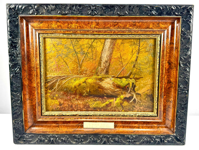 Late 19th to early 20th-century oil painting on panel depicting intricate tree roots, textured bark, and organic forms in a woodland setting.