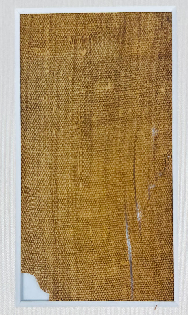 Close-up of the larger attributed mummy-wrapping fragment, showing woven linen texture, frayed edges and narrow separations.