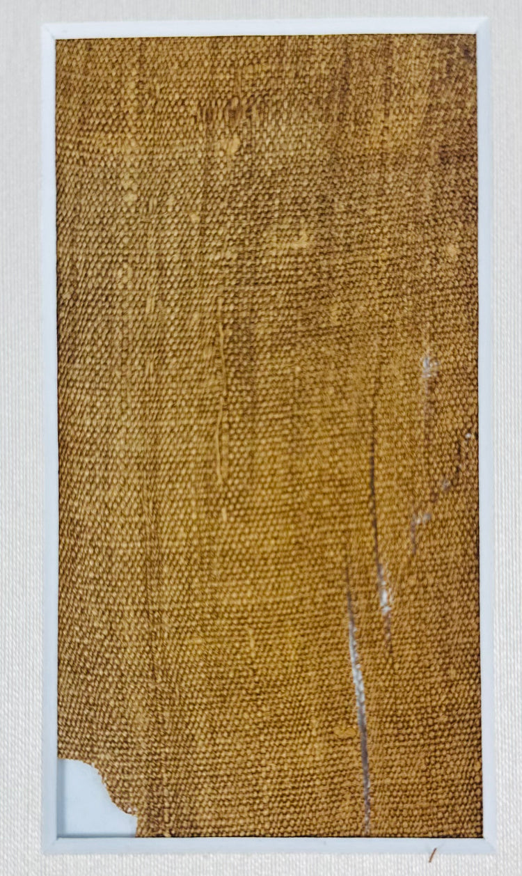 Close-up of the larger attributed mummy-wrapping fragment, showing woven linen texture, frayed edges and narrow separations.