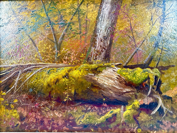 Thomas Mower Martin attributed oil on panel artwork measuring approximately 7 by 10 inches, depicting the organic contours of an uprooted tree.