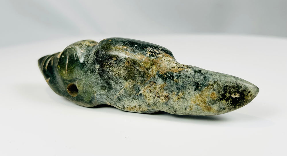Hand-carved greenstone effigy amulet from Pre-Columbian Mesoamerica