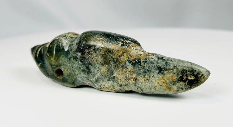 Hand-carved greenstone effigy amulet from Pre-Columbian Mesoamerica