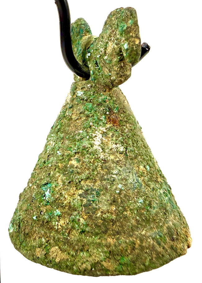 Parthian bronze pendant bell with a conical body, flaring base, and distinctive equine protomes, reflecting ancient Iranian metalworking traditions.