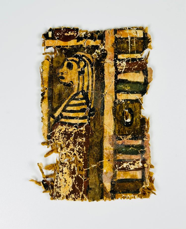 Ancient Egyptian polychrome cartonnage with visible linen and gesso layers