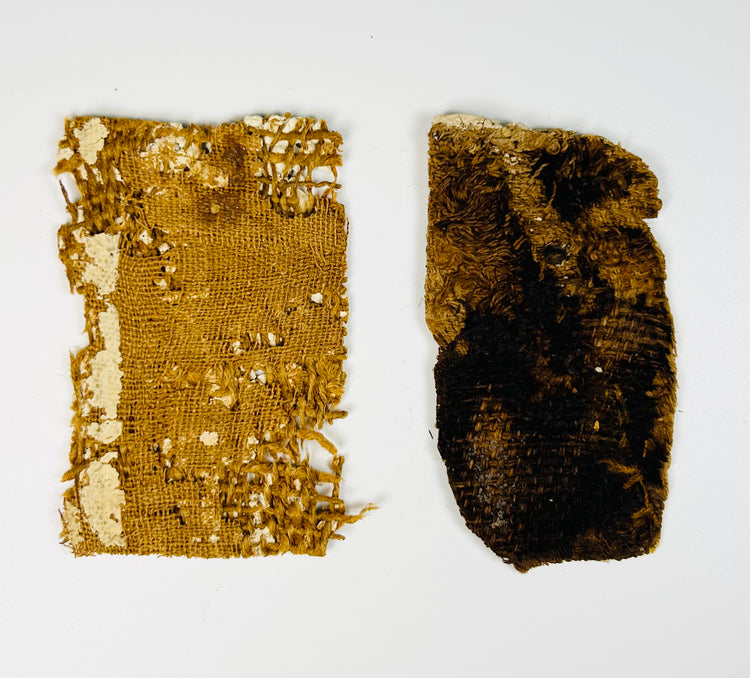 Egyptian funerary fragments mounted in frame with visible textile backing