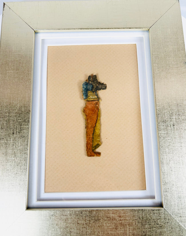 Egyptian cartonnage panel fragment with Anubis and traditional funerary imagery