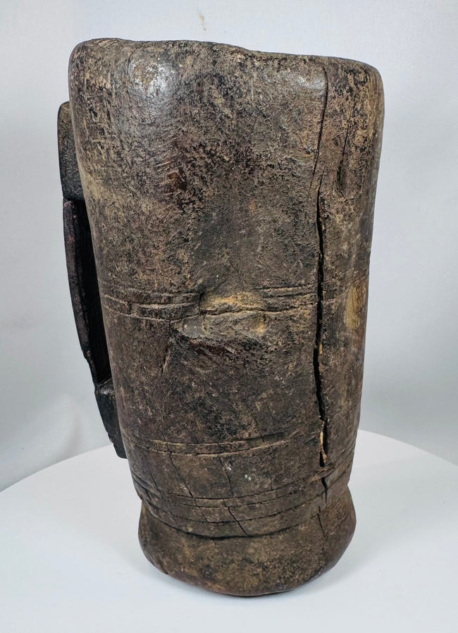 Antique tribal wooden storage vessel from the Himalayan region with sculptural rustic appearance