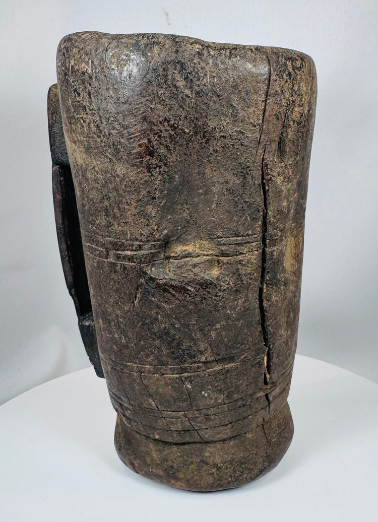 Antique tribal wooden storage vessel from the Himalayan region with sculptural rustic appearance