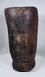 Hand-carved Tibetan hardwood vessel featuring aged cracks, tool marks, and integral side handle