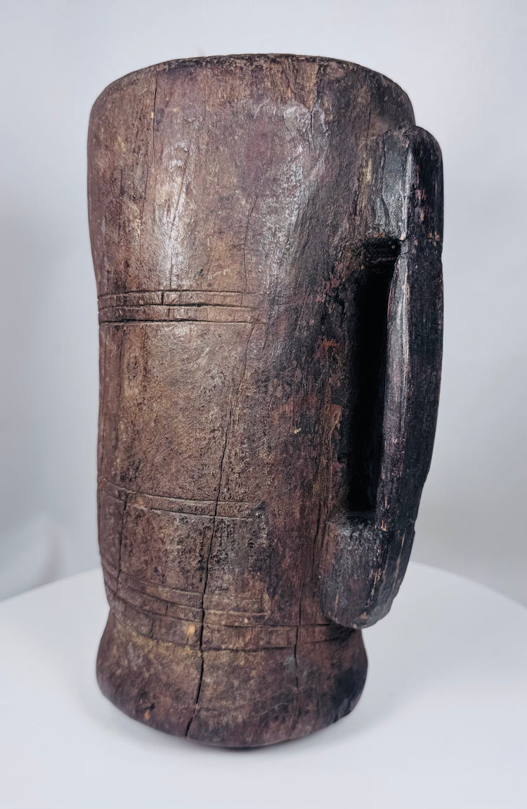 Himalayan ethnographic wooden storage vessel with incised linear decoration and dark patina