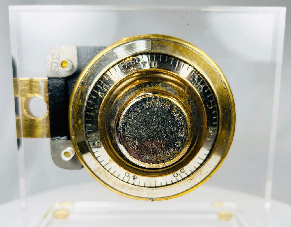 Early 1900s safe lock mechanism with patinated brass dial and internal parts