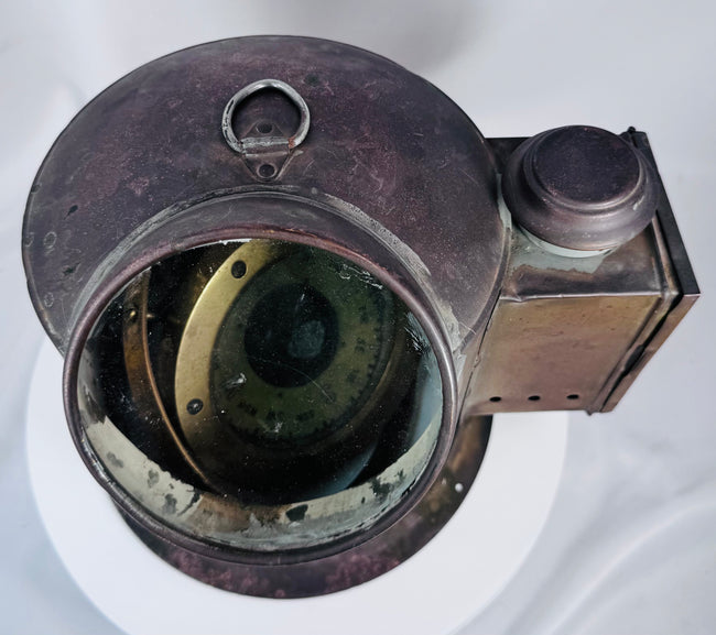 Heavy brass marine binnacle compass with hinged access door and glass compass display
