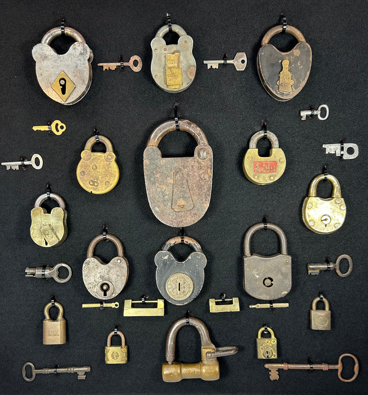 Framed antique locks and keys collection with shadow box industrial display