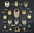 Framed industrial collection of antique locks with brass and iron examples