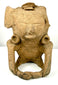 Pre-Columbian Mesoamerican terracotta seated human figurine, circa 200–800 CE, featuring an elaborate headpiece and circular ear ornaments.