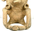 Ancient Mesoamerican terracotta figure with distinctive headpiece projections, sculpted facial details, and visible surface abrasions.