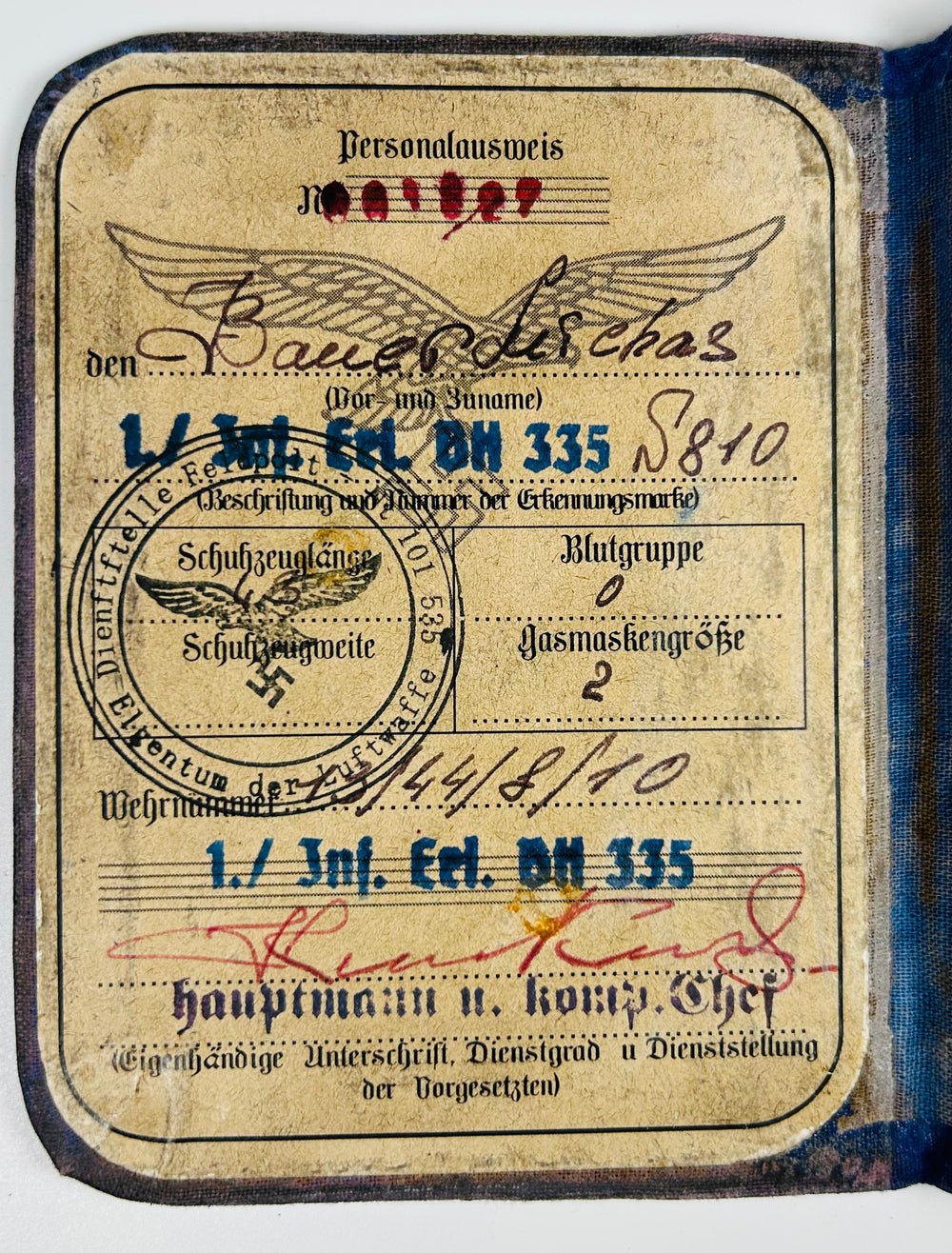 German Luftwaffe Soldbuch identification booklet with stamps and ink entries