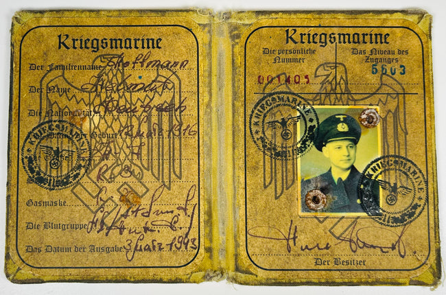 German naval Soldbuch dated 1943 with original portrait photograph and stamps