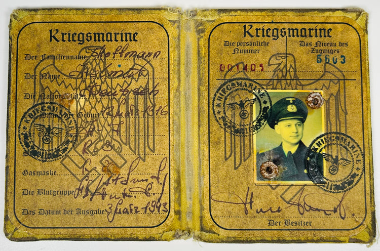 German naval Soldbuch dated 1943 with original portrait photograph and stamps